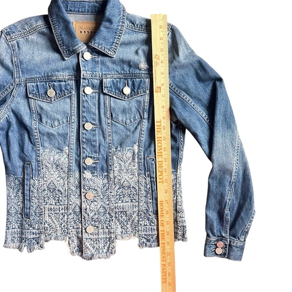 BlankNYC Women’s Denim Jacket Size Small Distressed Hem Paisley Print Jean Coat - Picture 7 of 9